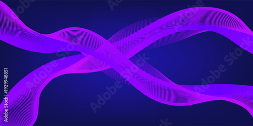 Futuristic dark abstract background with vibrant violet and pink glowing waves on a deep navy backdrop. Perfect for modern digital posters, tech presentations, or music visuals. Vector horizontal temp