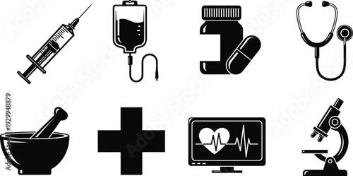 Medical healthcare icons set featuring syringe, IV drip bag, medicine bottle, stethoscope, mortar and pestle, cross symbol, heart monitor and microscope illustration