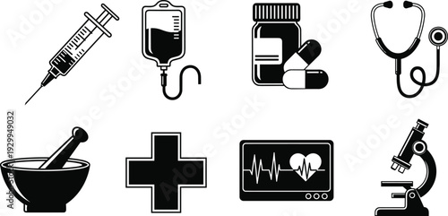 Medical healthcare icons set including syringe, IV drip, medicine bottle, stethoscope, mortar and pestle, cross symbol, heart monitor, and microscope illustration