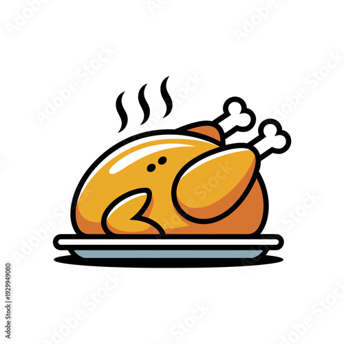 A cartoon roasted chicken on a plate with steam rising from its savory surface.