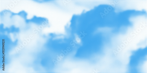 Halftone cloud background. White dotted clouds in blue sky. Comic pop art heaven wallpaper for banner, collage, poster, leaflet, brochure. Rasterized smoke, smog or fog texture. Vector illustration