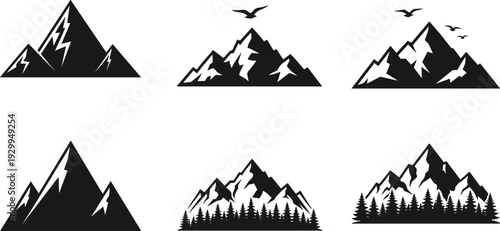 Mountain silhouettes collection featuring alpine peaks, forest landscapes and flying birds, nature adventure set in black and white vector illustration design