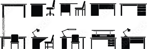 Office desk and chair silhouette vector set featuring modern workplace furniture icons isolated on white background for interior design and business layout