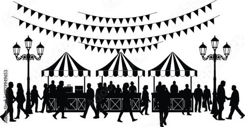 Outdoor street market festival silhouettes with crowd, vendor stalls, striped tents and festive bunting flags, community fair scene in black and white vector illustration