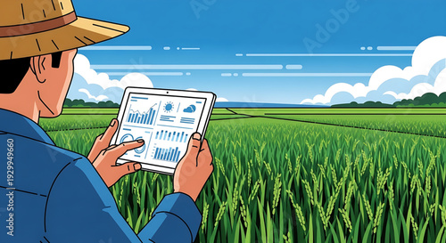Farmer using tablet in a field for smart agriculture and data analysis
