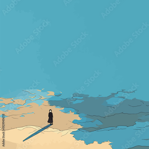 A person stands alone on a sandy beach, gazing out at the blue ocean and sky. The scene shows calm water and clear weather.