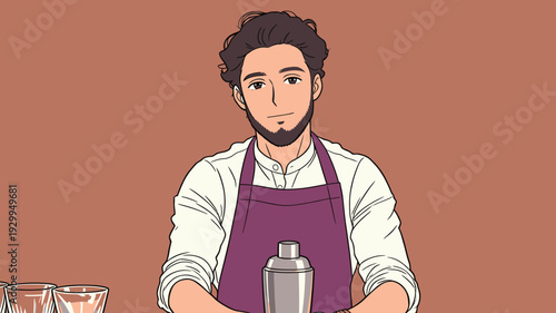 A bartender stands at the bar counter holding a shaker and looking directly at the viewer while preparing a drink.