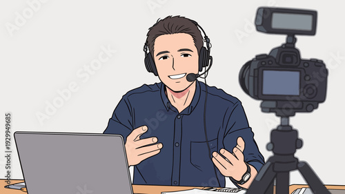 Man with headphones talks while sitting at a desk with a computer and camera in a home office setting.
