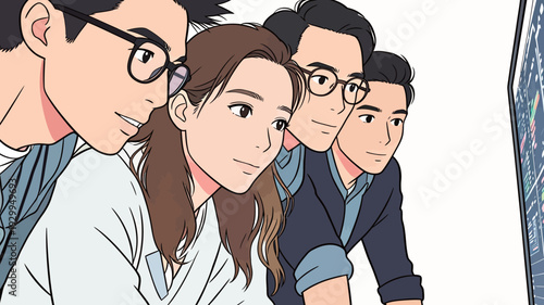 Four friends gather around a computer screen to discuss a project. They focus on the display in a bright workspace setting.