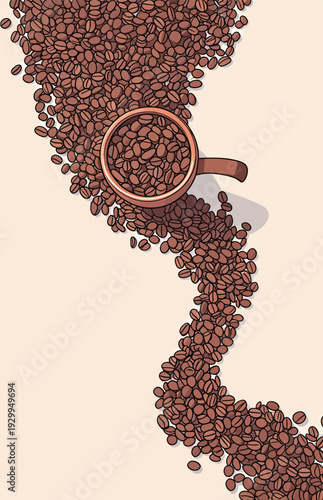 A cup is overturned, spilling coffee beans that create a flowing shape on a pale surface. The scene shows the beans scattered around.