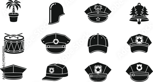 Police and security hat icons set including officer caps, helmet, drum and bell symbols in black and white flat vector illustration collection