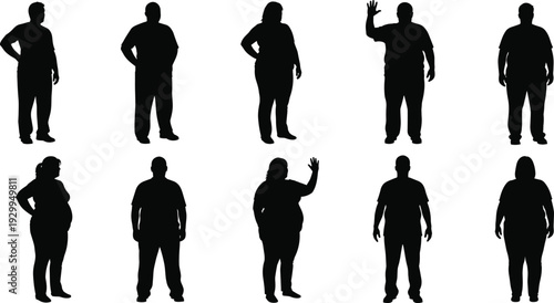 Plus size men and women silhouettes collection featuring standing poses and waving gestures, diverse body types in black and white vector illustration set