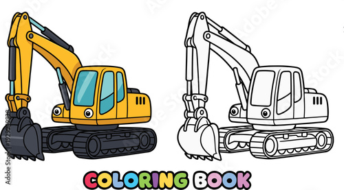 Cartoon excavator coloring book page vector illustration, cute construction digger vehicle outline and colored version for kids activity isolated on white background