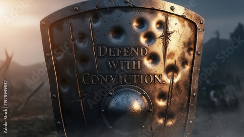Wallpaper Mural Worn Metal Shield with Defend With Conviction Inscription Torontodigital.ca