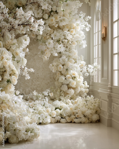 Luxury floral interior background with white wedding decoration, copy space