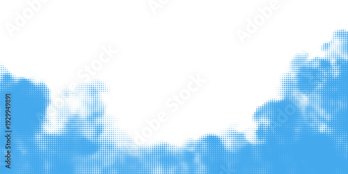Halftone cloud background. White dotted clouds in blue sky. Comic pop art heaven wallpaper for banner, collage, poster, leaflet, brochure. Rasterized smoke, smog or fog texture. Vector illustration