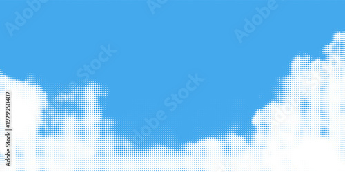 Halftone cloud background. White dotted clouds in blue sky. Comic pop art heaven wallpaper for banner, collage, poster, leaflet, brochure. Rasterized smoke, smog or fog texture. Vector illustration