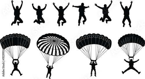 Skydiving and parachute silhouette vector set featuring jumping skydivers and landing poses isolated on white background for extreme sport design