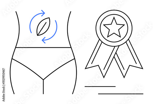 Health and wellness, body care, eco-friendly practices, fitness goals, awards, and quality assurance. Minimalist line art of a body with a leaf and an award ribbon. Health and body care concept
