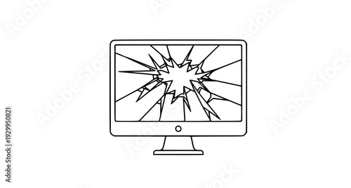 A broken computer monitor with a cracked screen in a simple line art style