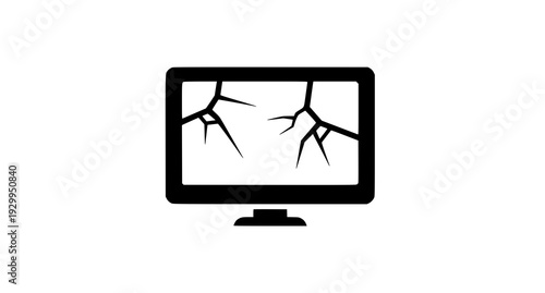 A black and white vector graphic of a cracked computer monitor