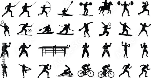 Sports silhouette vector set featuring athletes in action including boxing, cycling, swimming, skiing, tennis and table tennis isolated on white background