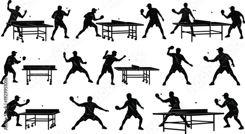 Table tennis player silhouette vector set featuring ping pong sport action poses with racket and table isolated on white background for design