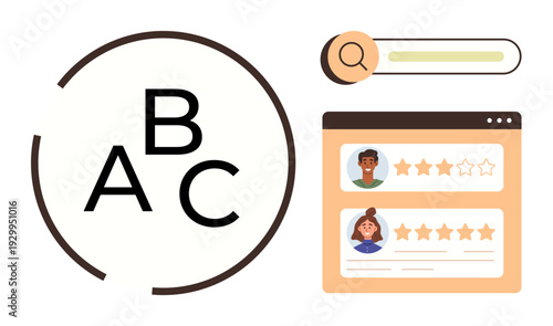 Education, user feedback, website rating, online search, communication, user experience. Letter grades and star ratings on a webpage. Education and user feedback visually