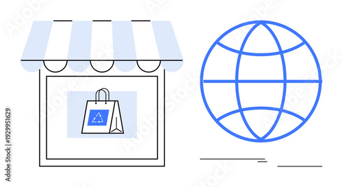 Storefront with striped awning and eco-conscious shopping bag alongside globe grid. Ideal for e-commerce, sustainability, online shopping, small business, global trade, branding, innovation. Simple