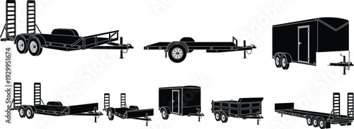 Utility trailer silhouettes collection featuring flatbed, enclosed cargo, car hauler and equipment transport trailers in black and white vector illustration set
