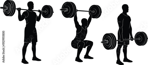 Weightlifting athlete silhouettes performing barbell exercises including squat, overhead press and deadlift, strength training workout concept in black and white vector illustration