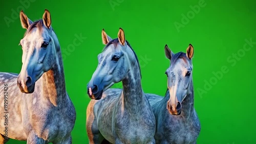 Three beautiful gray horses with white spots standing together