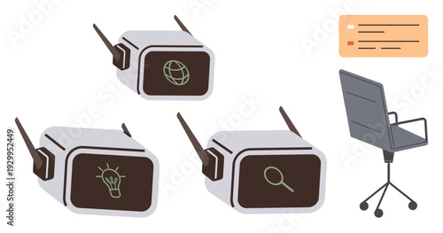 Technology innovation, workspace design, remote work, modern communication, research tools, creative solutions. Smart devices with digital icons, office chair taskboard. Technology and workspace