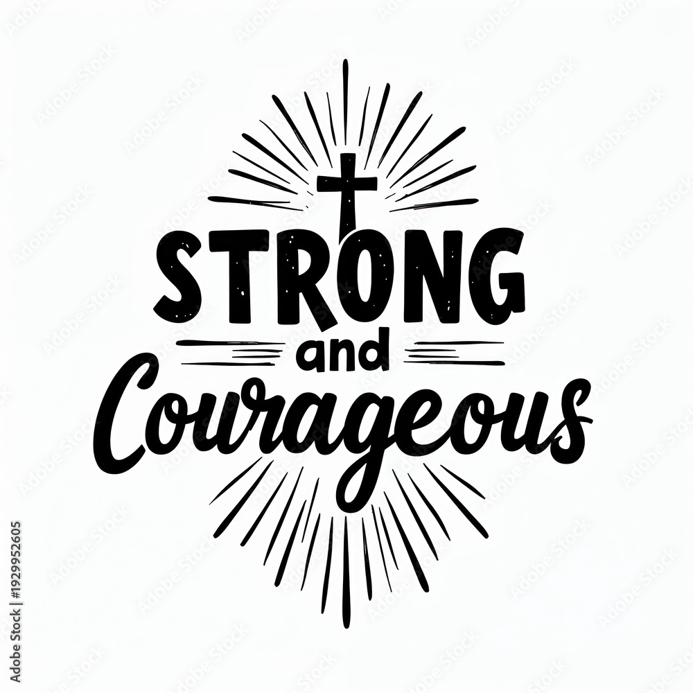 Obraz premium Christian cross graphic with text saying Strong and Courageous. Inspirational quote for faith and hope. Symbol of belief and divine strength.