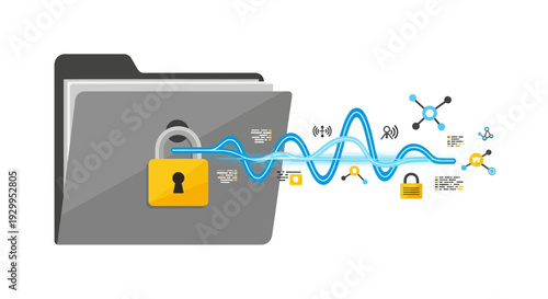 Secure digital data protection and confidential file transfer concept, featuring an encrypted folder with a padlock and abstract information security symbols