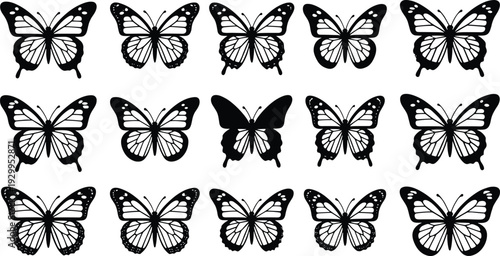 Collection of black butterfly silhouettes in detailed vector illustration set, isolated on white background, perfect for tattoo, stencil, logo, and decorative design projects