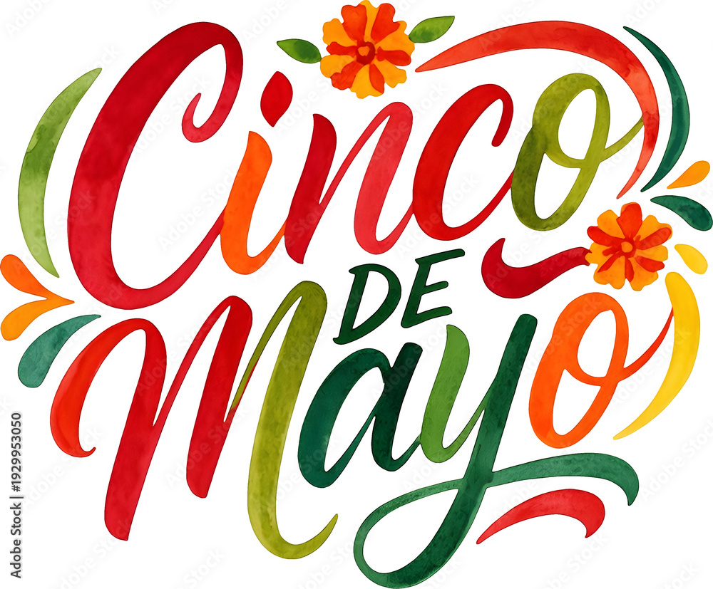 Obraz premium Cinco de Mayo festive script typography watercolor illustration