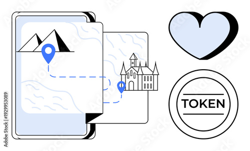 GPS navigation, travel planning, tokens, crypto concepts, love, heritage landmarks. Phone screen displaying maps and locations, token circle heart symbol. Travel planning and tokens concept