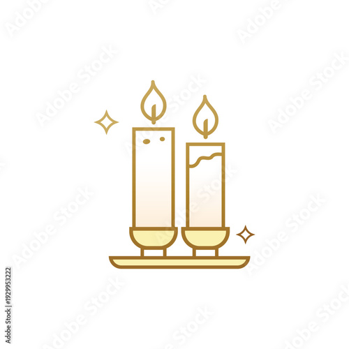 Burning a candle in a golden candlestick with a warm yellow flame for holiday decoration