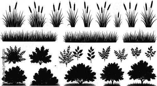 Collection of grass, reeds, bushes and tree silhouettes vector set isolated on white background, perfect for landscape design, garden planning, and nature illustration projects.