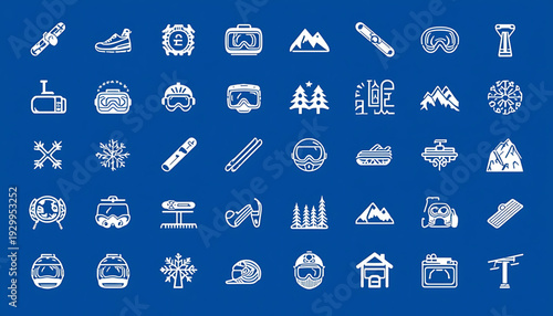 A collection of white ski and snowboard icons on a blue background, featuring various winter sports equipment and symbols.