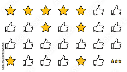 A vector graphic illustration of thumbs up and star ratings icons in a flat minimal design style