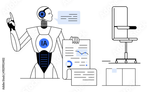 Artificial intelligence, automation, data visualization, office work, futuristic technology, workplace. Robot presenting reports with charts and speech bubble. Artificial intelligence and automation