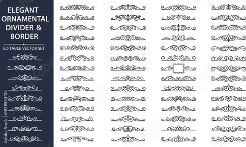 Editable vector ornamental divider and border set featuring elegant flourish designs and decorative scrollwork for formal graphic design