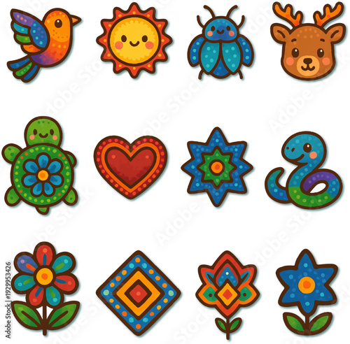 A set of cute cartoon animal and bird icons featuring a colorful nature pattern with summer flowers, butterflies, and green leaves in a seamless vector illustration design