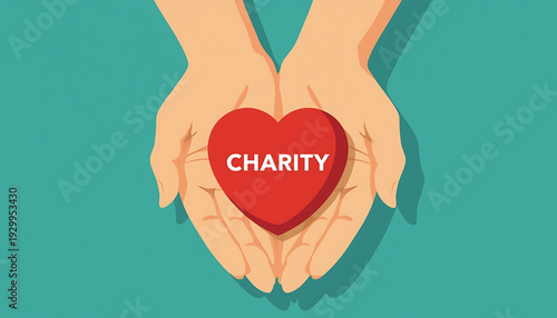 A vector graphic illustration of two hands holding a red heart with the word charity written on it