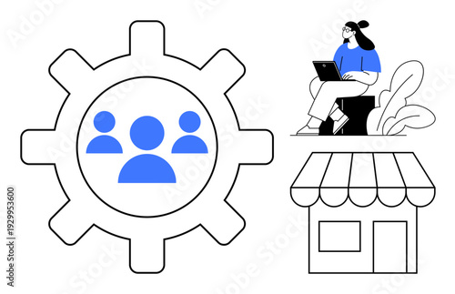 Business management. Gear with people icon teamwork and operations. Small storefront and remote worker highlight entrepreneurship and modern work styles. For startups, remote jobs, e-commerce