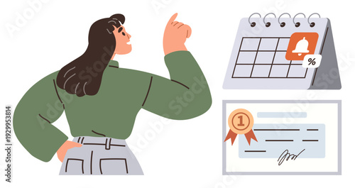 Goal setting, time management, organization skills, planning, task tracking, personal growth. Woman pointing at a reminder on a calendar, certificate below. Goal setting and time management concept