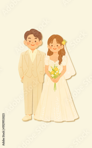 A beautiful vector illustration for a wedding invitation featuring a cartoon bride and groom as an angel and devil couple with a pink heart celebrating their love and marriage ceremony