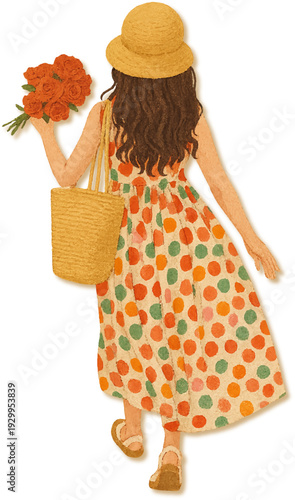 A smiling lady in a red summer dress is holding a gift basket of flowers and a holiday present box like a beautiful fashion lady